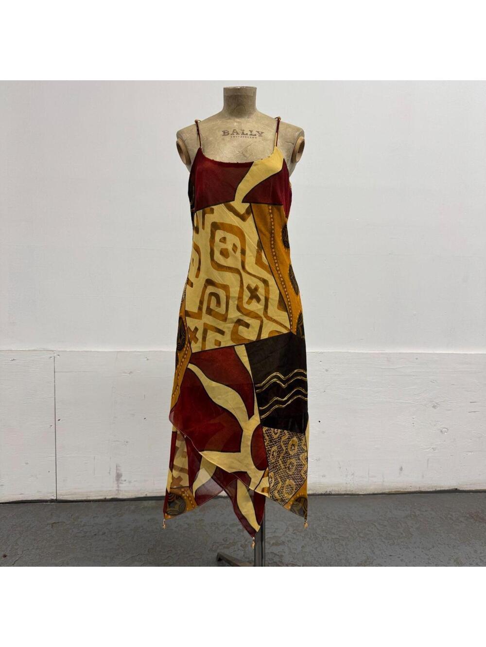 Vintage Y2K Rene Derhy Earth Tone Beaded Handkerchief Dress